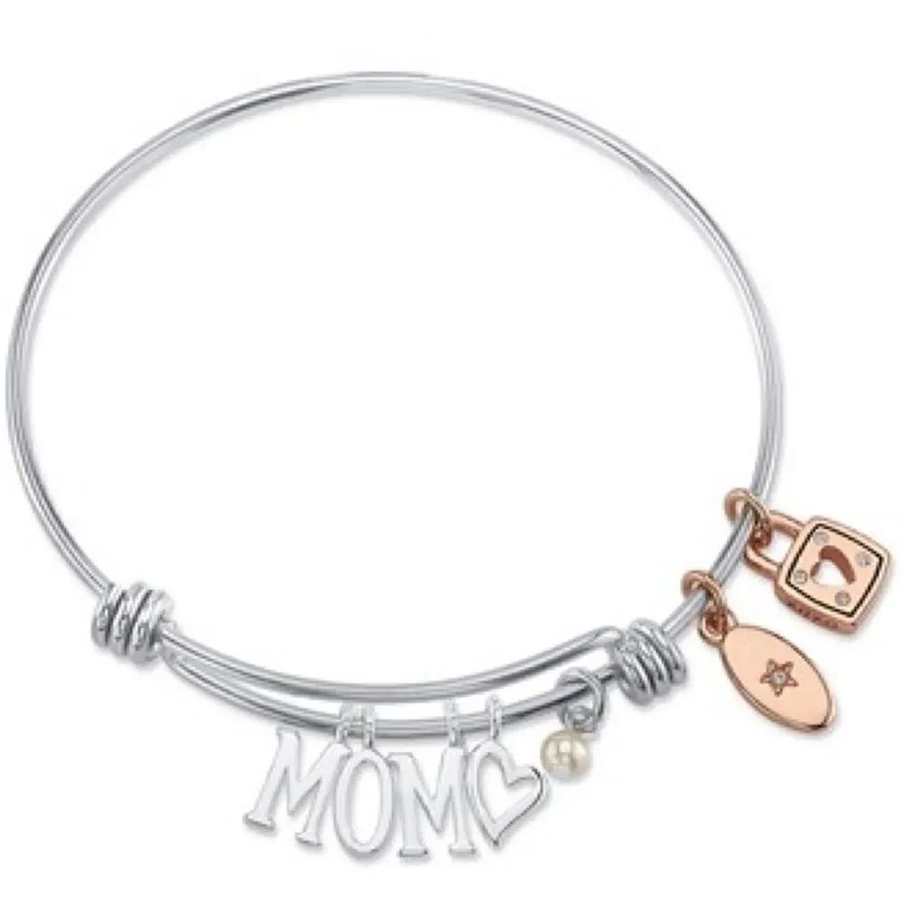 Unwritten Mom Adjustable Bangle Bracelet Stainless Steel w/ Silver Plated Charms